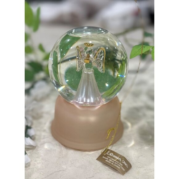 Angel Musical Snow Globe By Roman Inc. With Gold Accents & Pink Base with Box - Picture 1 of 7